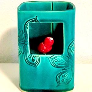 Turquoise Ceramic Vase with Red Bird